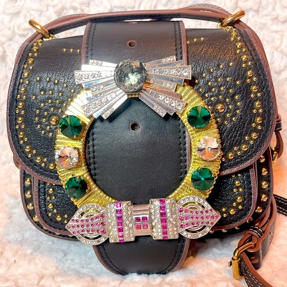 Miu Miu Rare Dahlia Madras Crystal Rhinestone Stud Black Leather Bag Purse - Picture 4 of 15